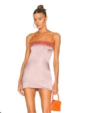 Danielle Guizio beaded pink satin mini dress with orange trim